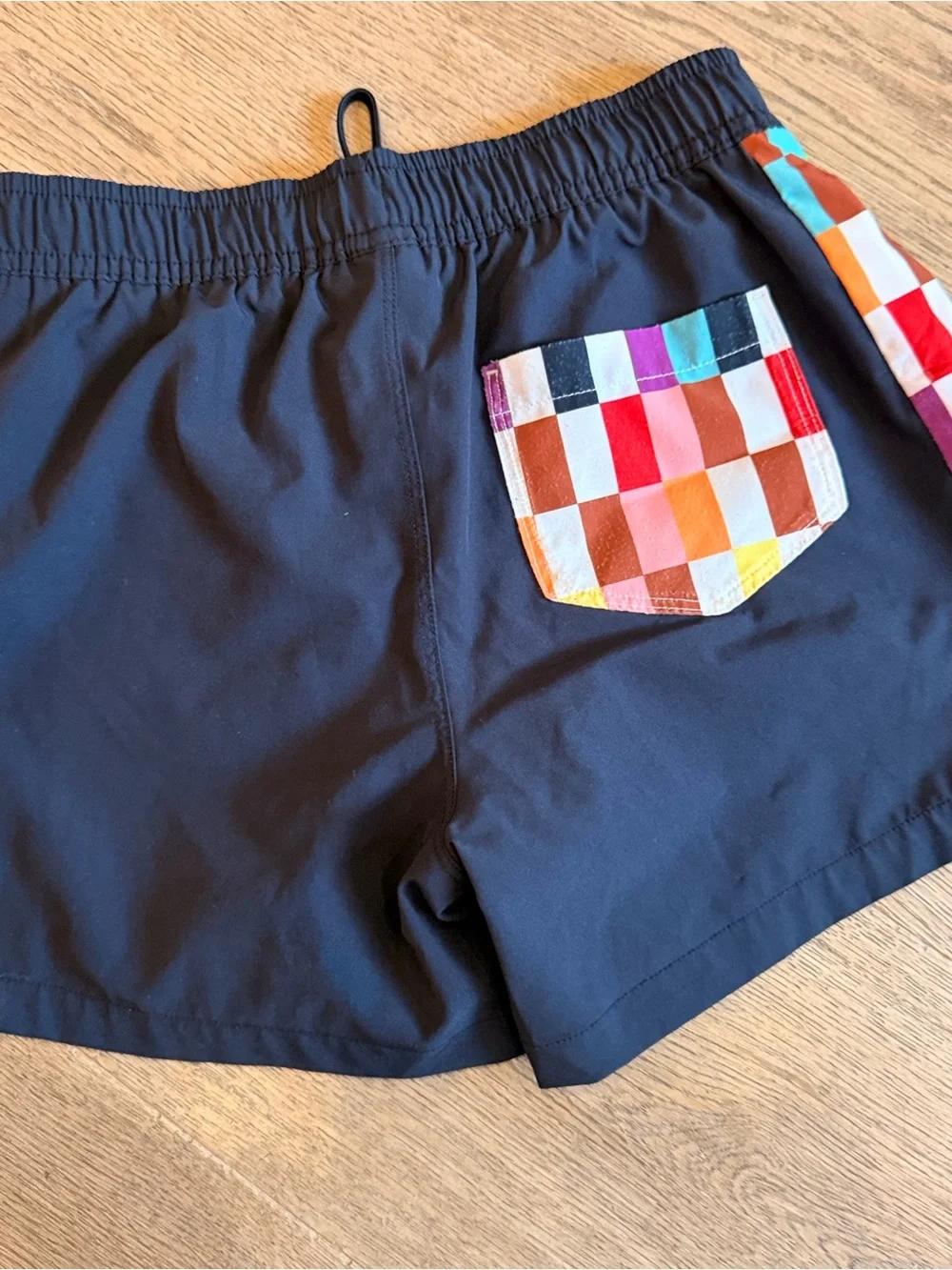 Kids Black Swim Trunks with rainbow Colorblock Check Side Panels